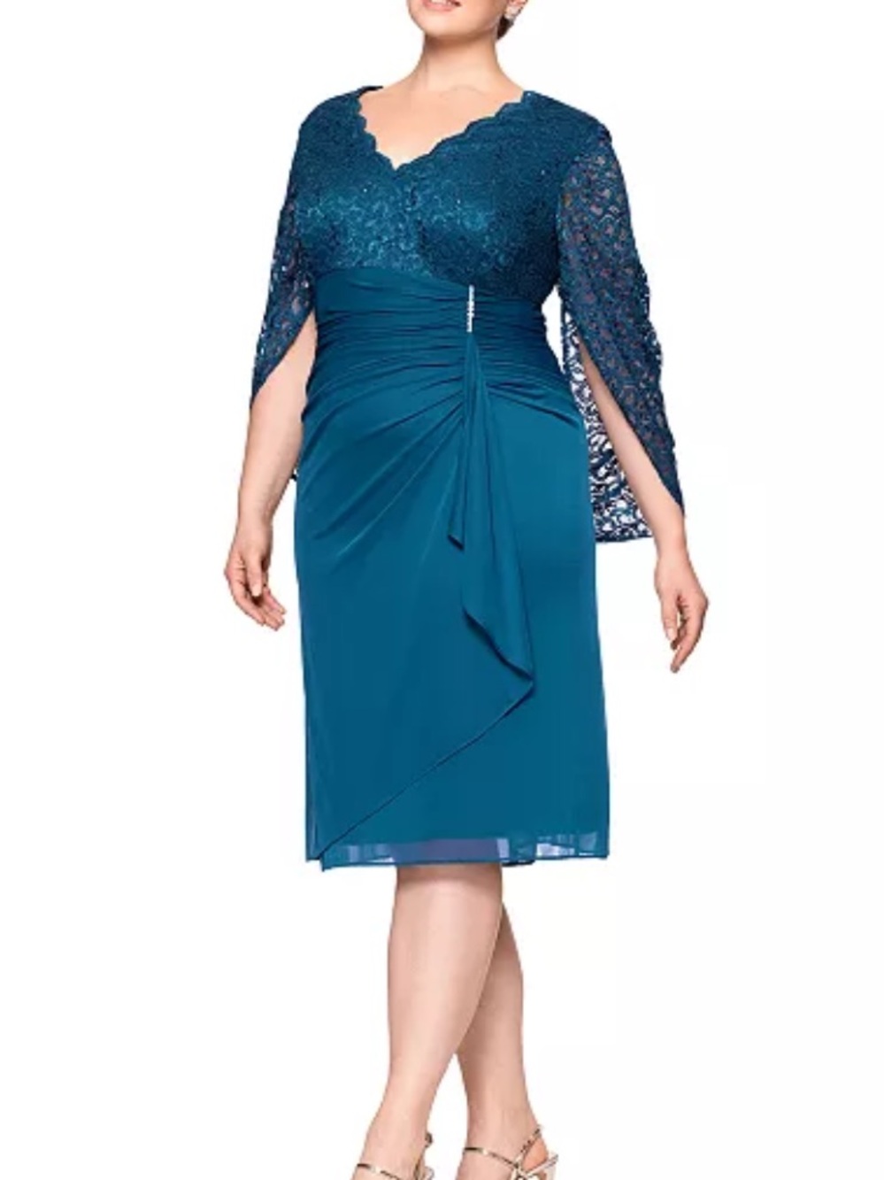 B&A Betsy & Adam Plus Size Teal Sequin Lace Draped Cape Sheath Dress 16W NWT